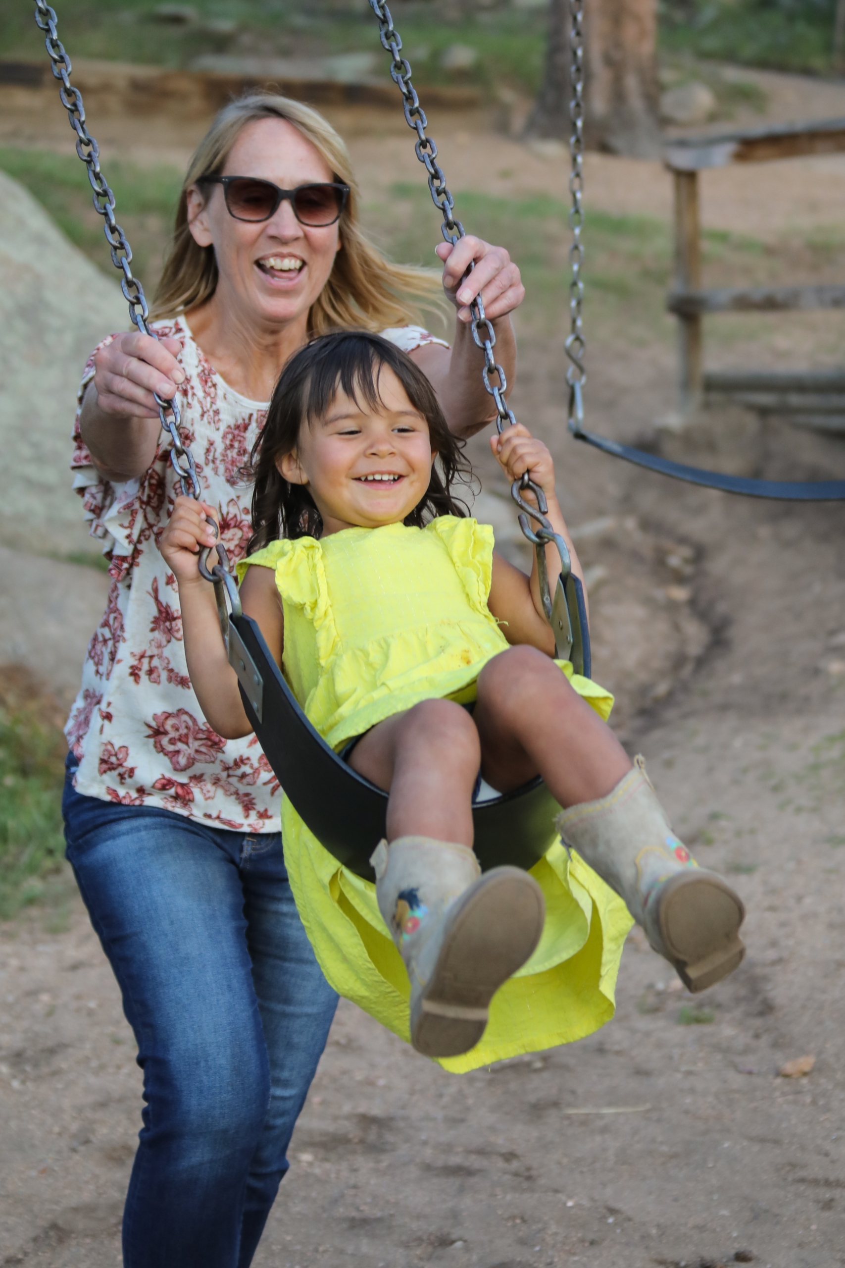 Adult pushing a child on a swing